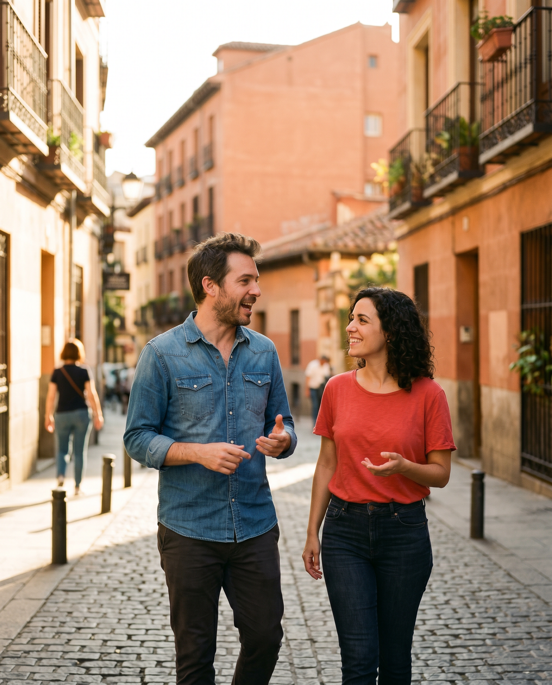 Two people in conversation on a Madrid street