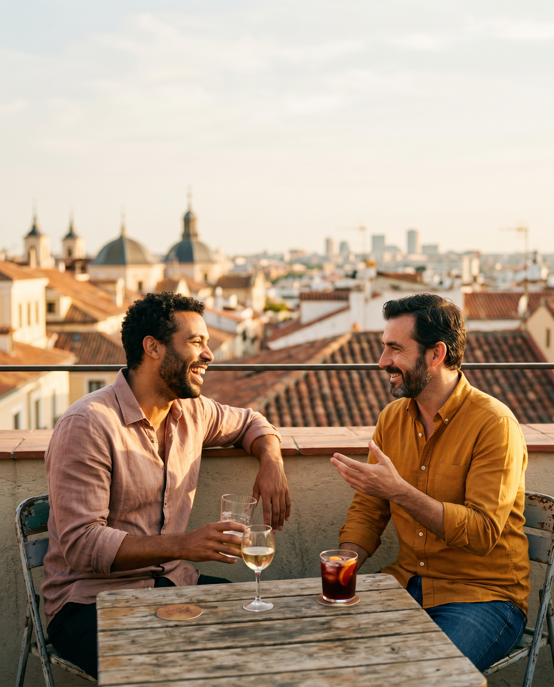 Two people in relaxed conversation on a Madrid rooftop terrace